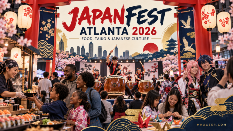 JapanFest Atlanta 2026 illustration featuring taiko drummers, Japanese food, origami, cosplay, lanterns, and families.