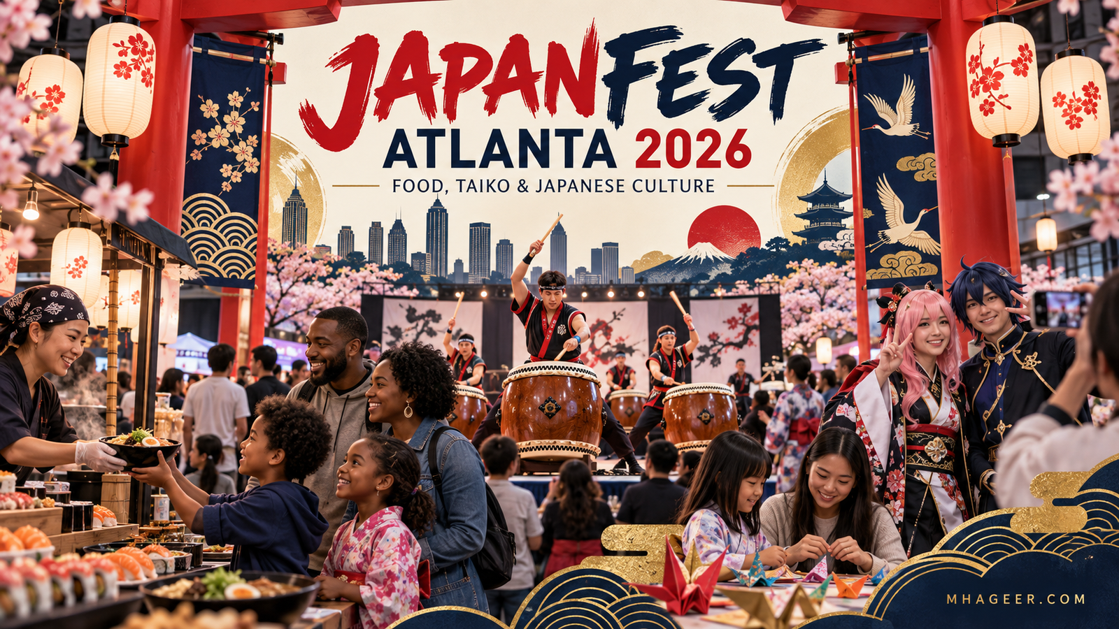 JapanFest Atlanta 2026 illustration featuring taiko drummers, Japanese food, origami, cosplay, lanterns, and families.