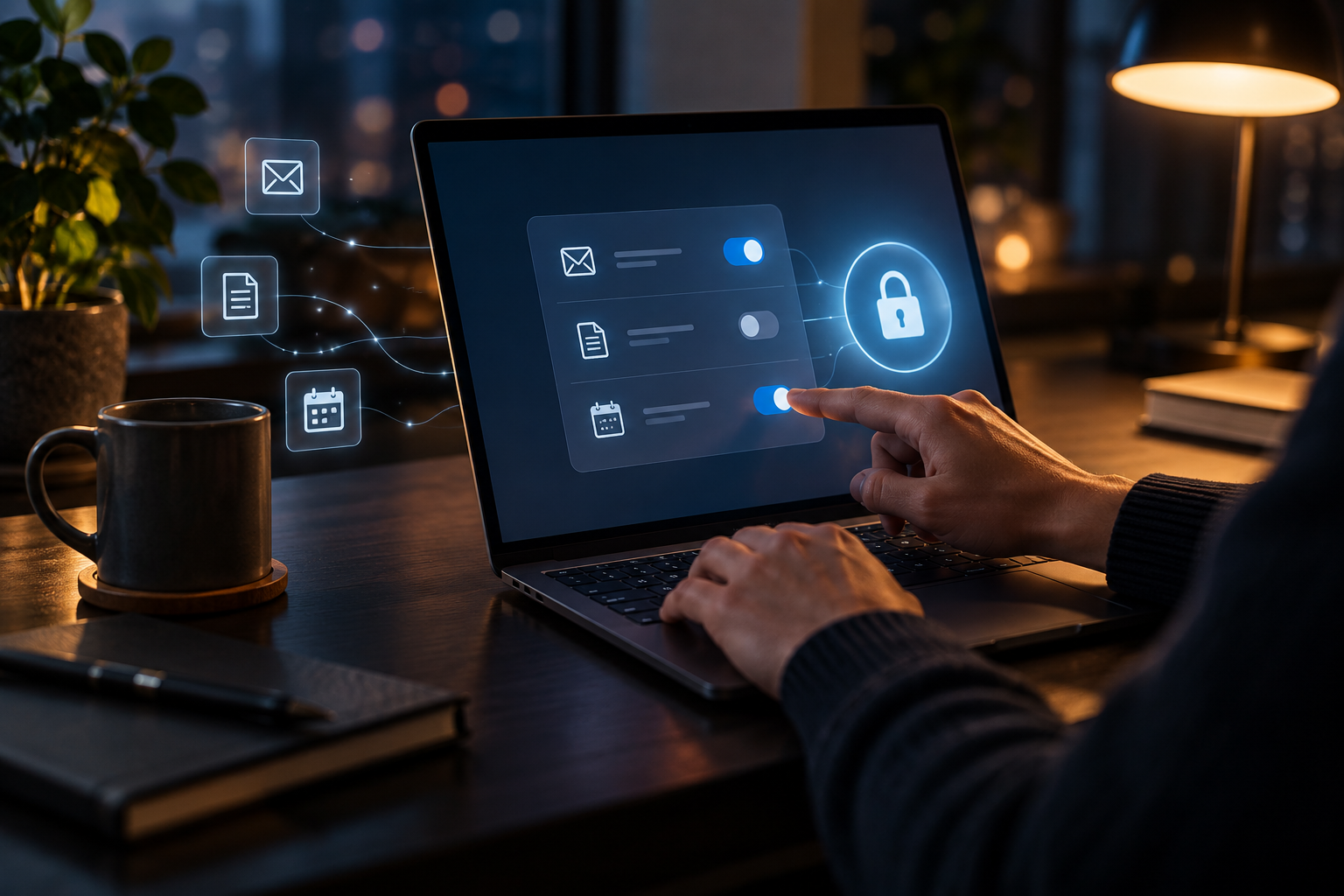 Person managing a fictional permissions panel for email, files, and calendar access on a laptop.