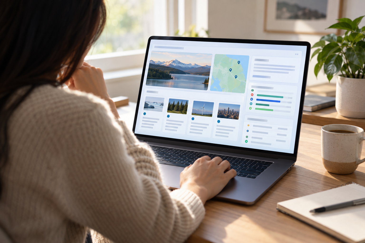 Person reviewing a fictional AI research dashboard with neutral source cards and a map on a laptop.