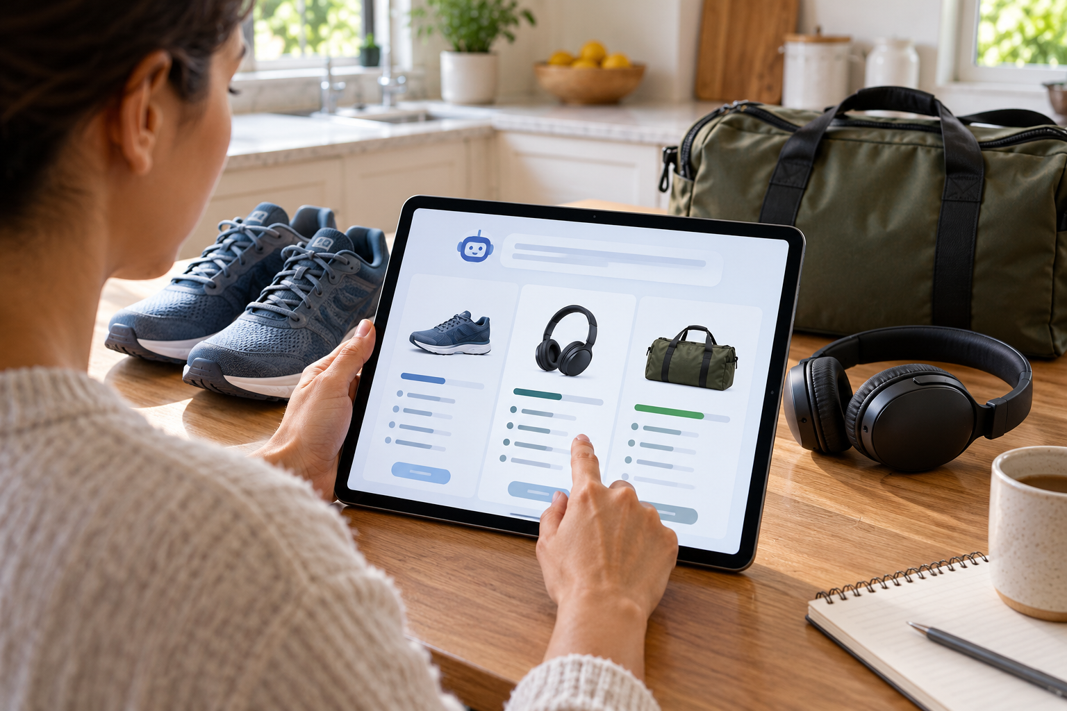 Person using a tablet with a fictional comparison dashboard beside shoes, headphones, and a travel bag.