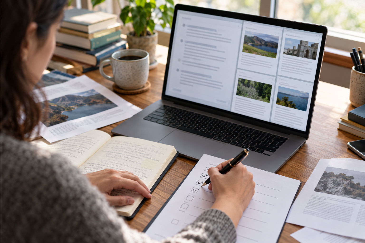 Person checking sources and a paper checklist beside a laptop with a fictional AI answer.