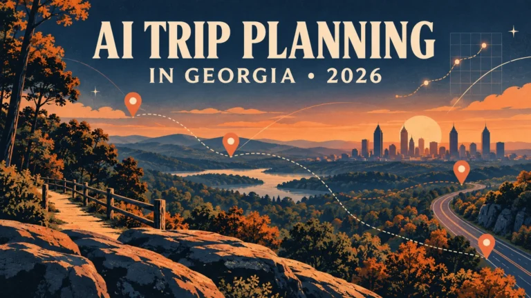 Illustrated AI trip planning in Georgia 2026 cover with route pins, hills, park trail, and Atlanta skyline