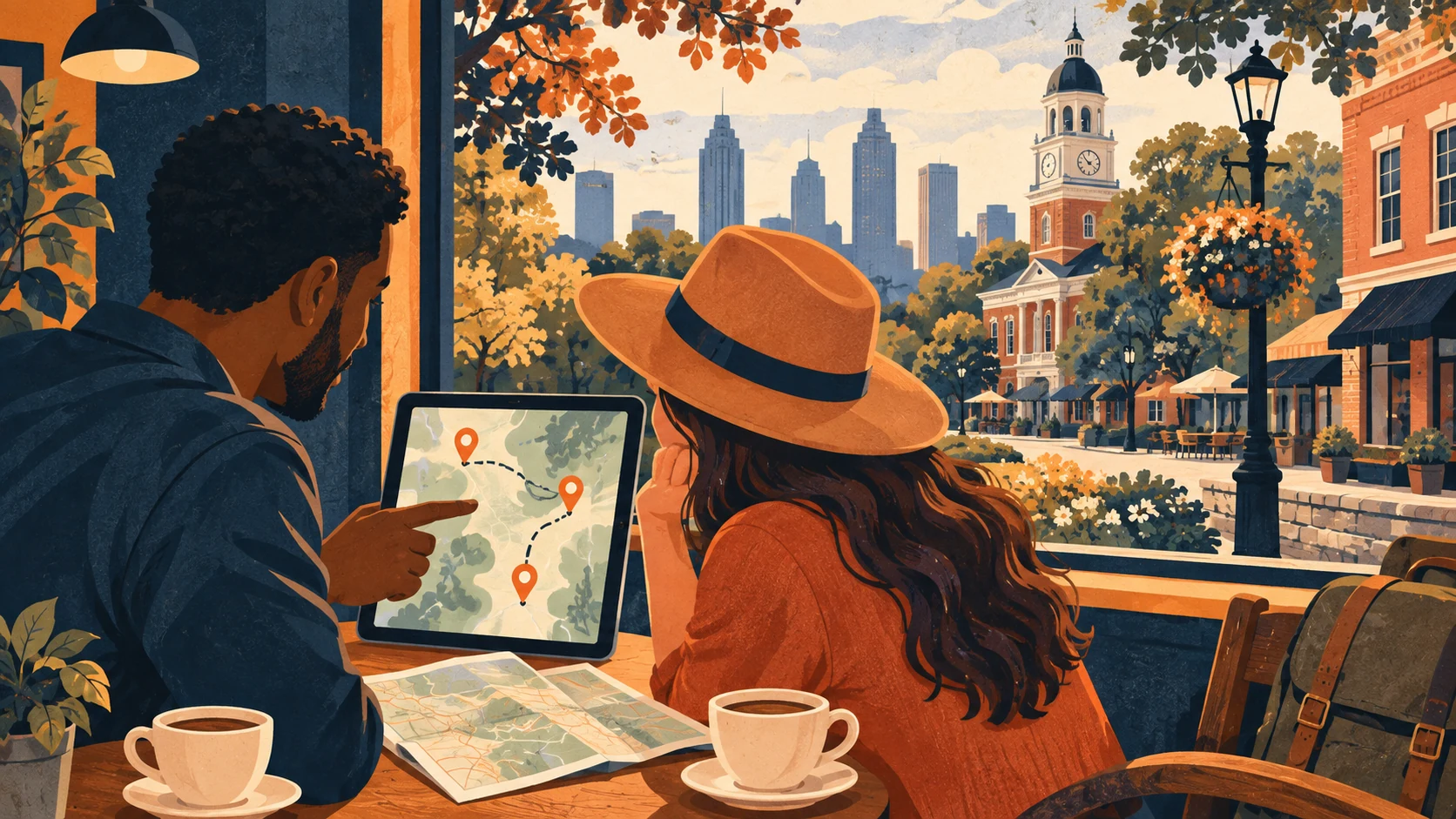 Illustration of two travelers planning a Georgia route on a tablet and paper map