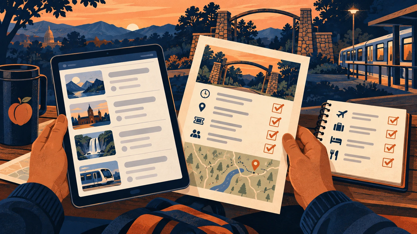 Illustration of a traveler verifying an AI itinerary against destination details and a checklist