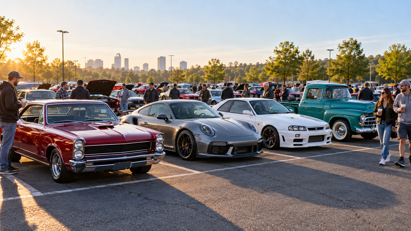 Conceptual row of classic sports import and truck vehicles at a morning car gathering