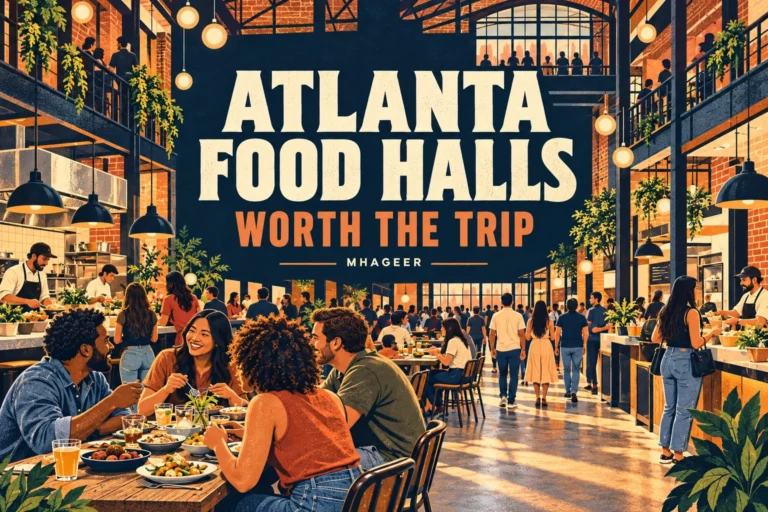 Illustrated food hall cover with the title Atlanta Food Halls and subtitle Worth the Trip