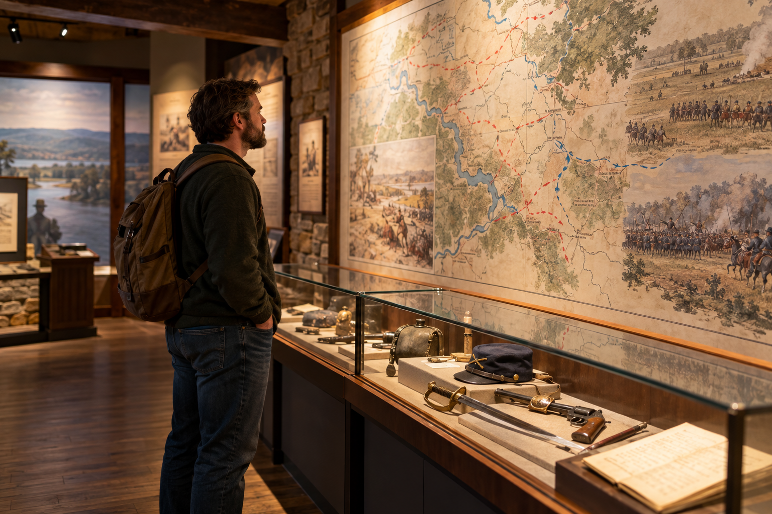 Conceptual editorial image of a visitor studying a historic map in an interpretive gallery
