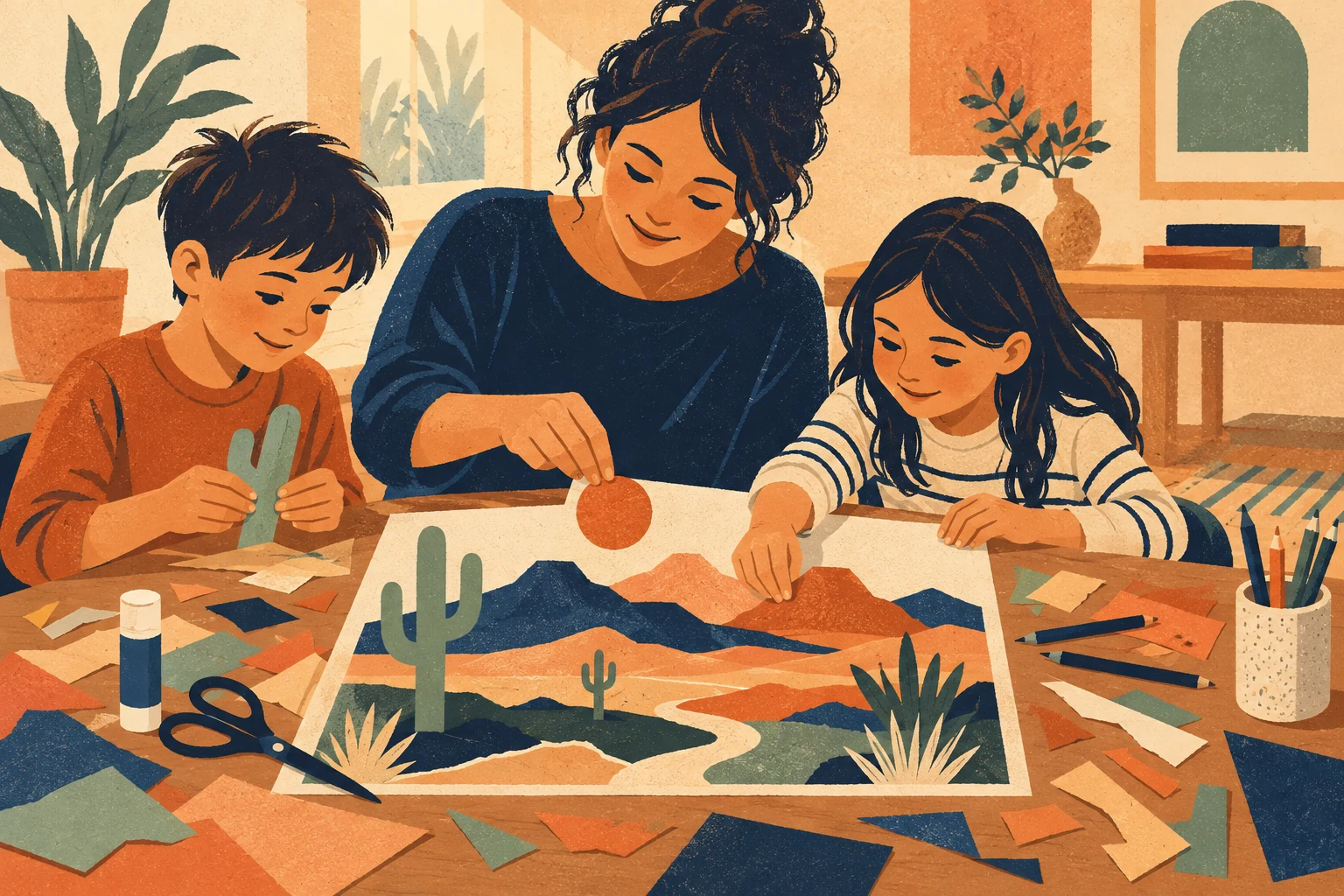 Conceptual illustration of a parent and children making a colorful landscape collage at an art table