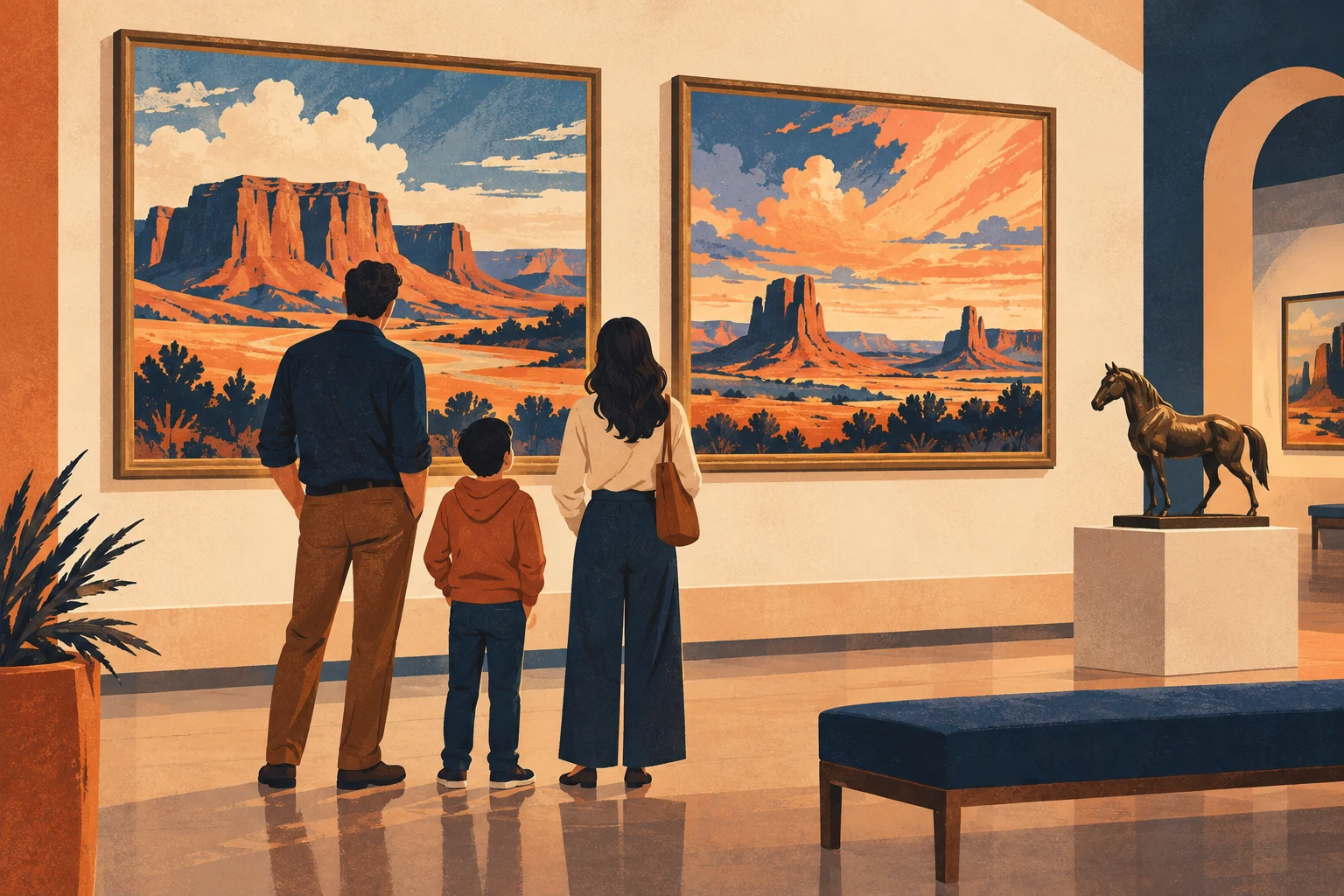Conceptual illustration of a family viewing Western landscape art and a horse sculpture in a gallery