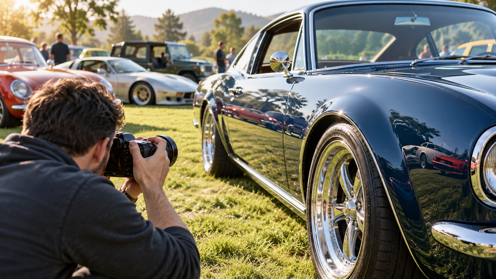 Conceptual photographer capturing details of a polished classic car at an enthusiast gathering