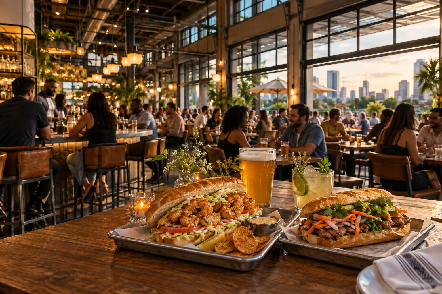 AI-generated editorial illustration of an industrial food hall with shared plates and communal seating.