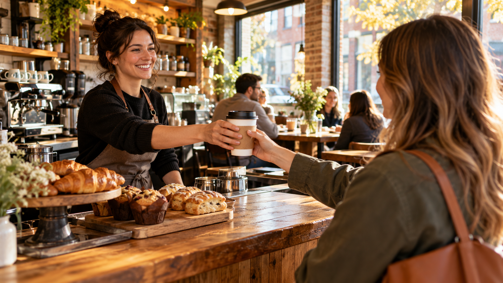 Conceptual illustration of a barista handing coffee to a customer at a warm local café counter