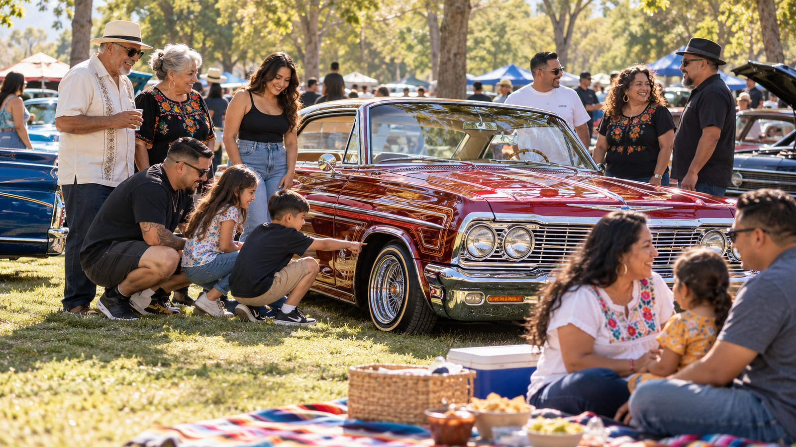 Conceptual illustration of multiple generations enjoying a community gathering around a customized classic car