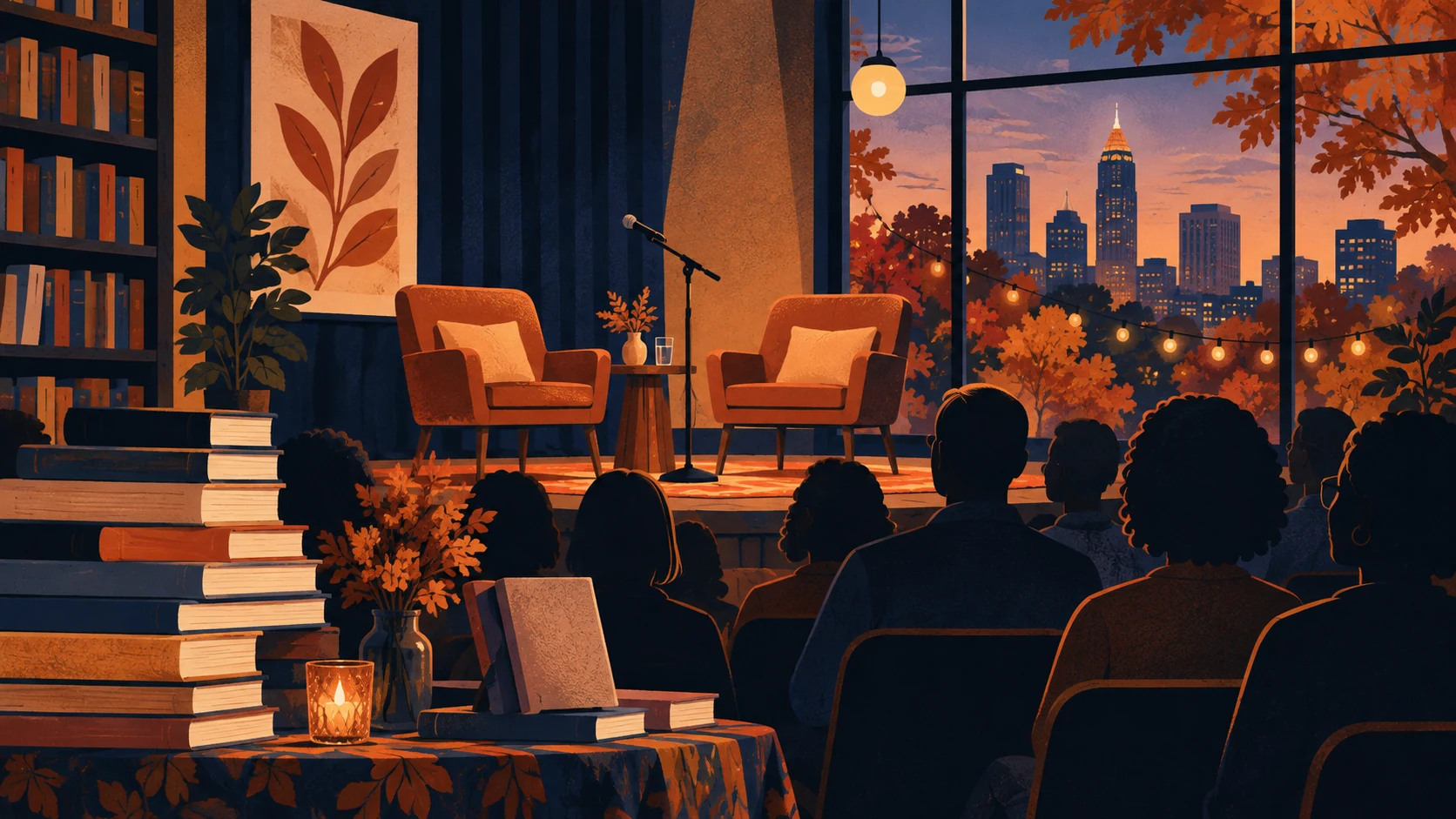 Illustration of an author conversation stage with books and an audience
