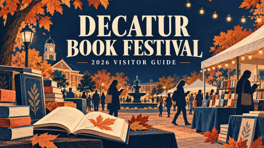 Illustrated Decatur Book Festival 2026 visitor guide cover with books, readers, and an autumn town square