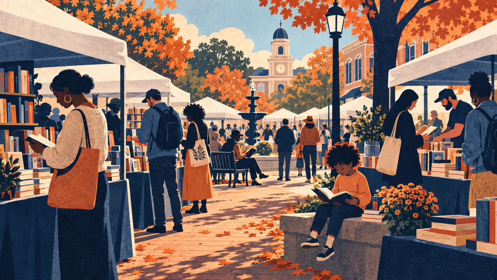 Illustration of readers browsing book stalls in a Georgia town square in autumn