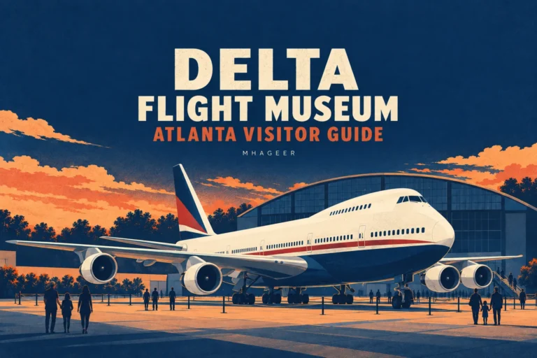 Illustrated Delta Flight Museum Atlanta visitor guide cover with a jumbo jet and centered title