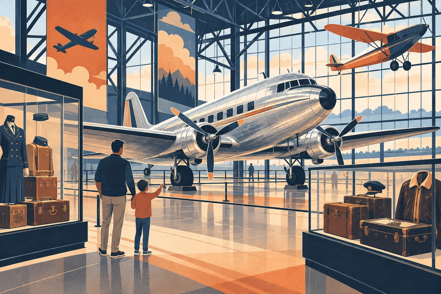 Conceptual illustration of a family viewing a vintage propeller aircraft and aviation displays in a hangar