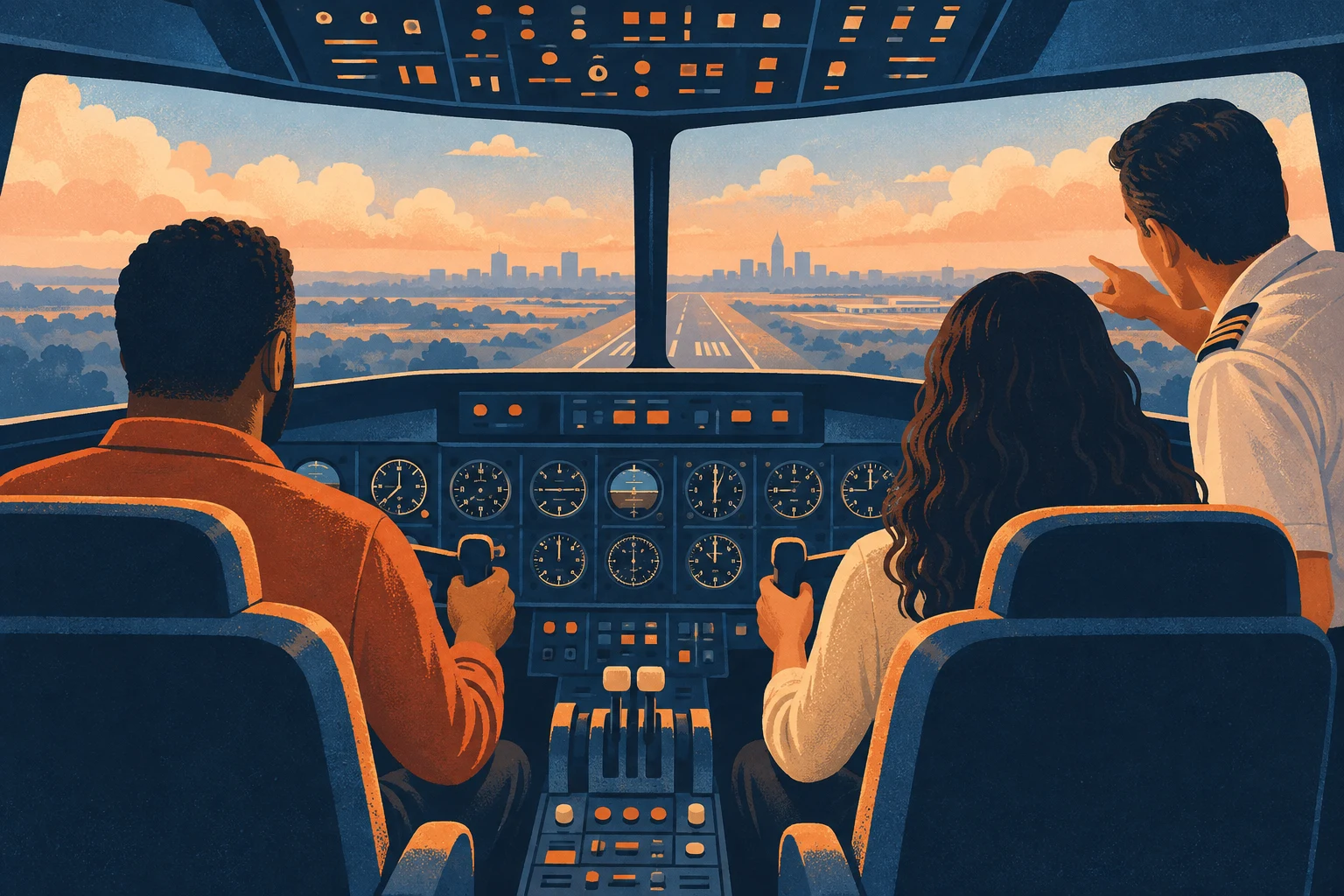 Conceptual illustration of two adults and an instructor in a flight simulator cockpit