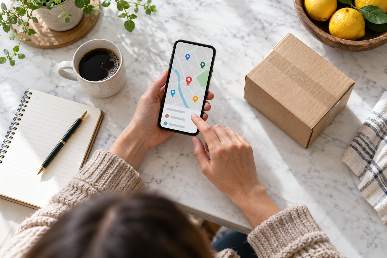 AI-generated editorial illustration of a person checking a generic delivery map on a smartphone beside a parcel.