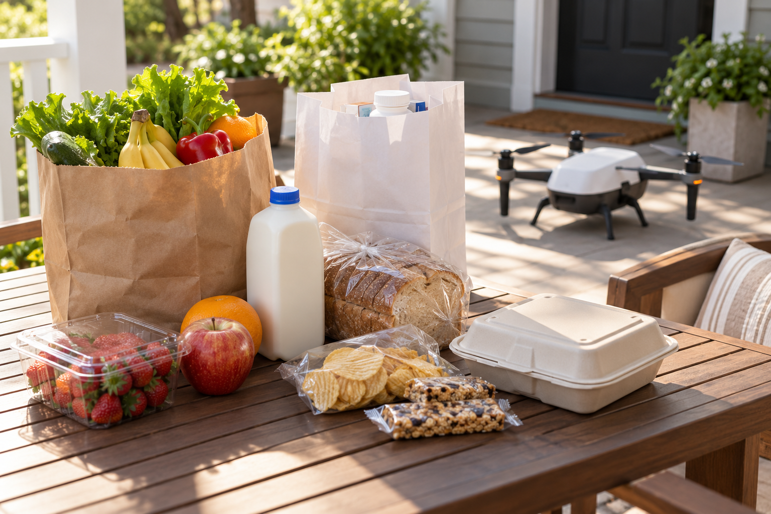 AI-generated editorial illustration of unbranded groceries, snacks, takeout, and a small delivery drone on a porch.