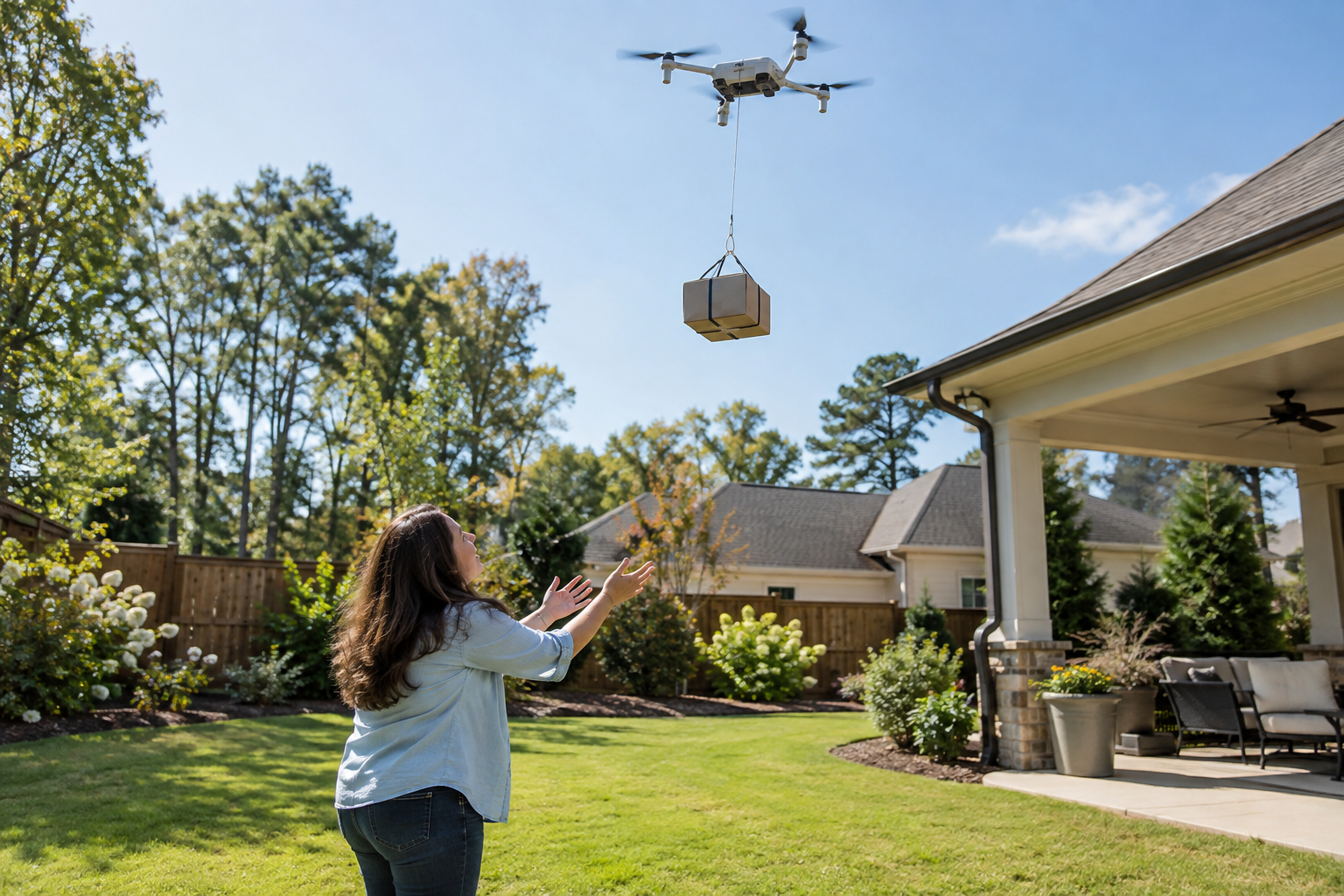 AI-generated editorial illustration of a resident receiving a small package lowered by a delivery drone in a suburban backyard.