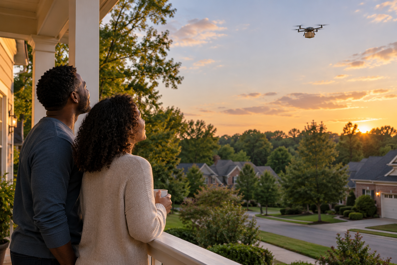AI-generated editorial illustration of two residents watching a small delivery drone high above a quiet suburban neighborhood.