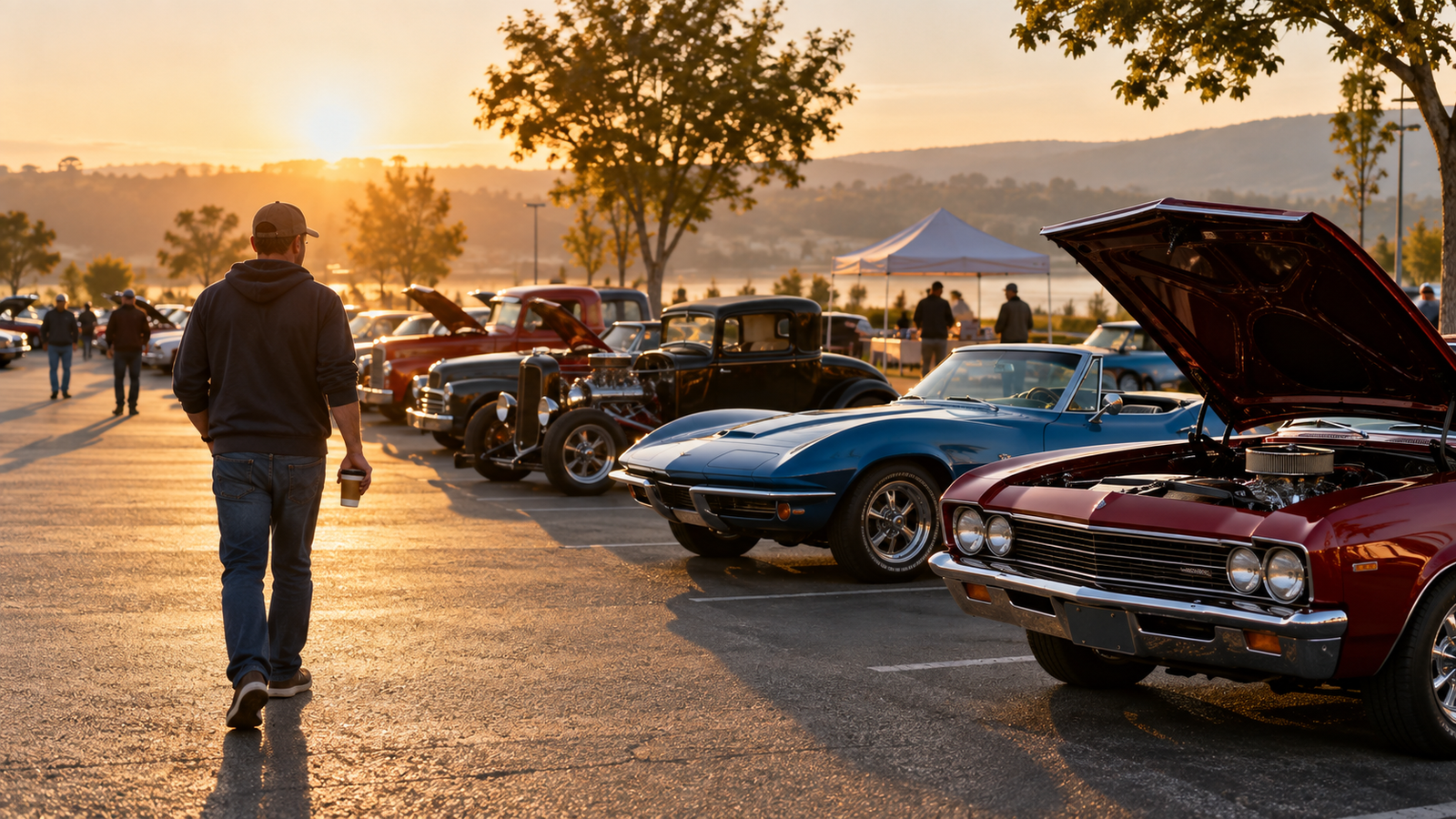 Conceptual visitor carrying coffee toward rows of cars at sunrise