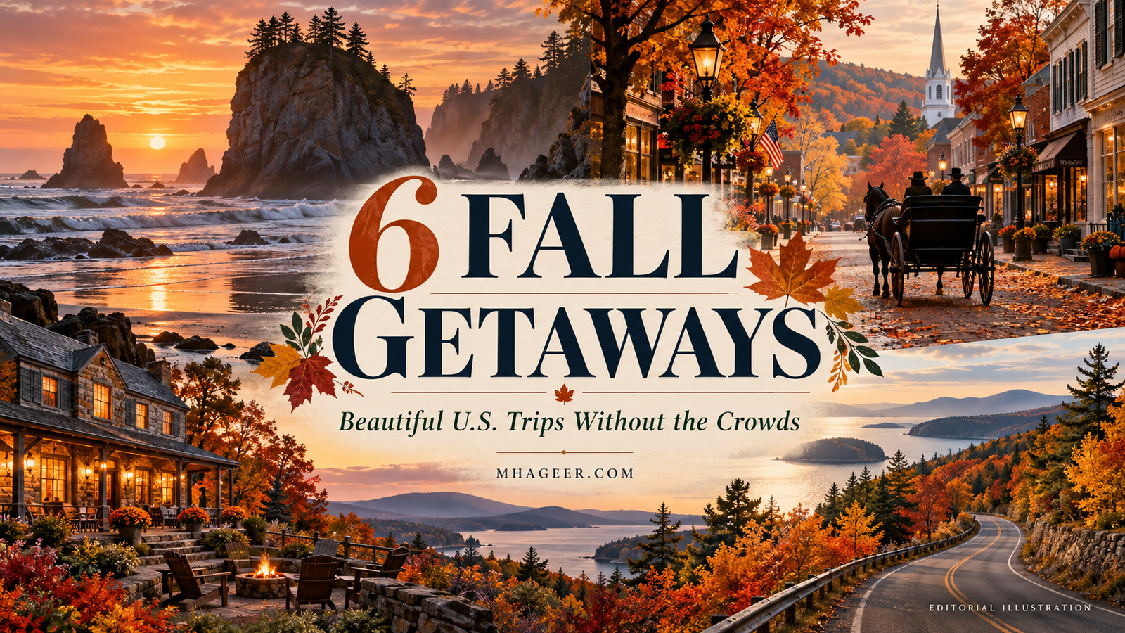 Editorial illustration showing six American fall travel scenes, including coast, carriage, historic town, and mountain road.
