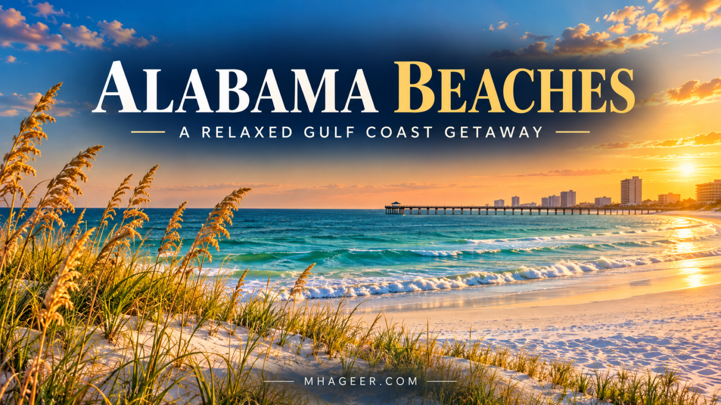 Editorial illustration of Alabama’s Gulf Coast with white sand, turquoise water, sea oats, a pier, and a sunset.