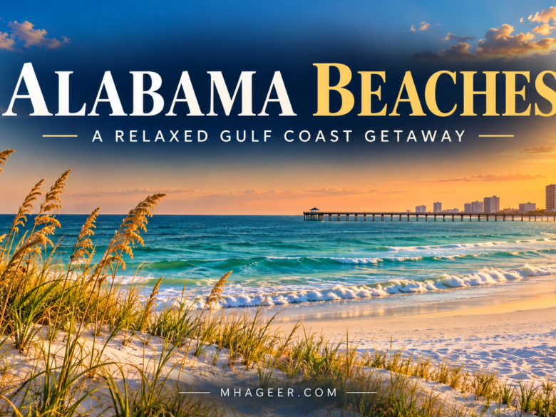Editorial illustration of Alabama’s Gulf Coast with white sand, turquoise water, sea oats, a pier, and a sunset.