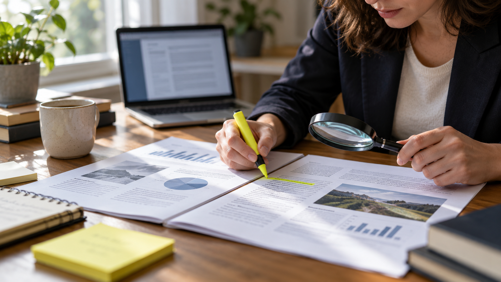 Careful fact-checking of two reports with a magnifying glass and highlighted notes