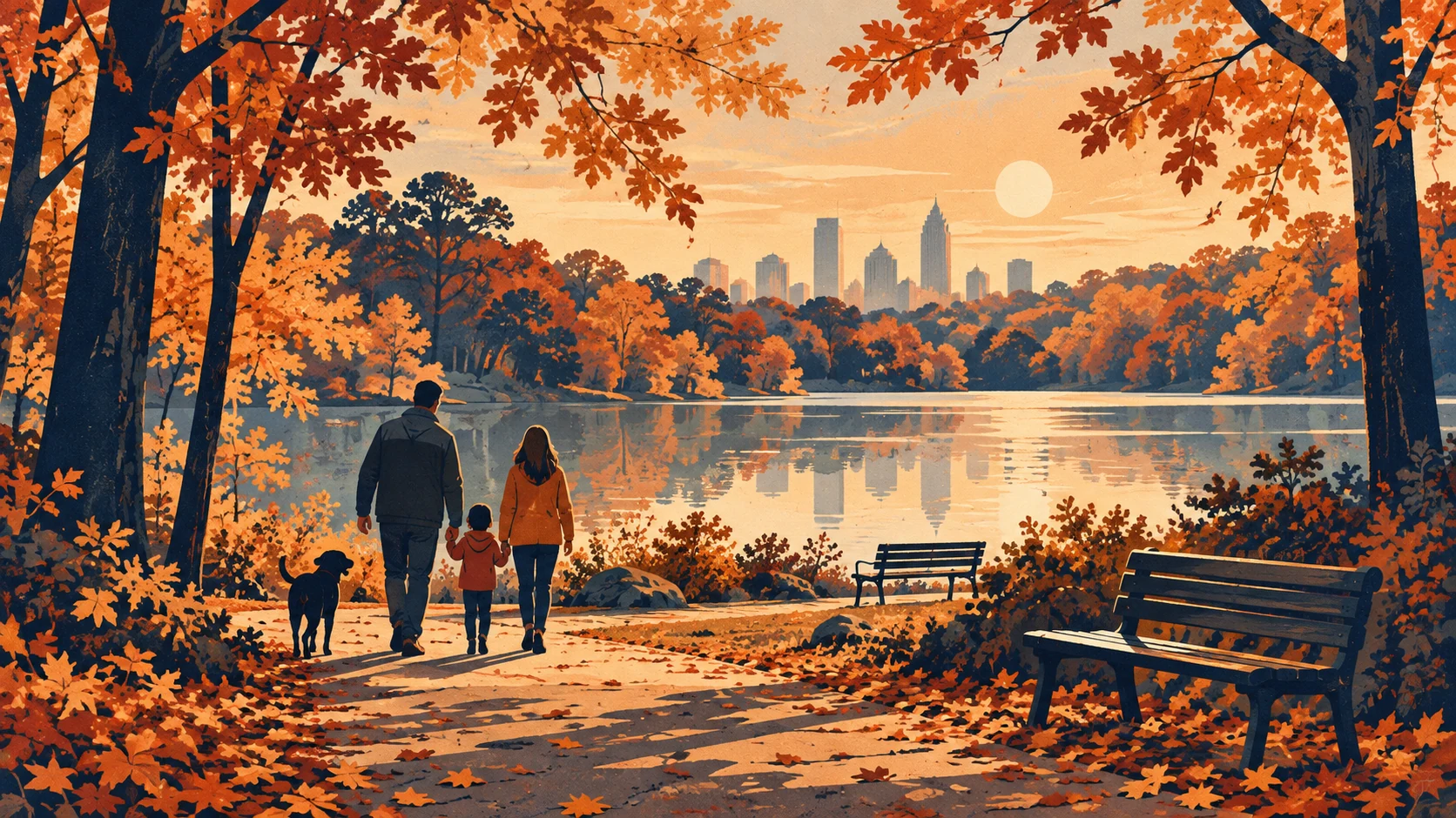 Illustration of a family walking by a lake in autumn near Atlanta