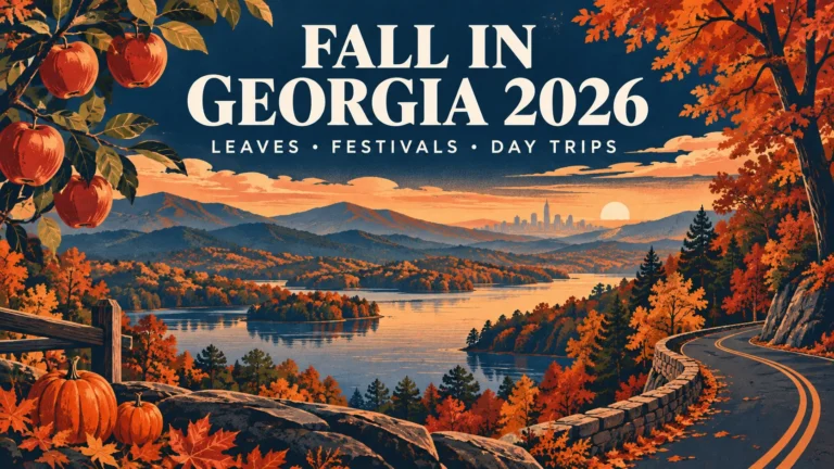 Illustrated Fall in Georgia 2026 guide cover with autumn lake, mountains, apples, pumpkins, and scenic road