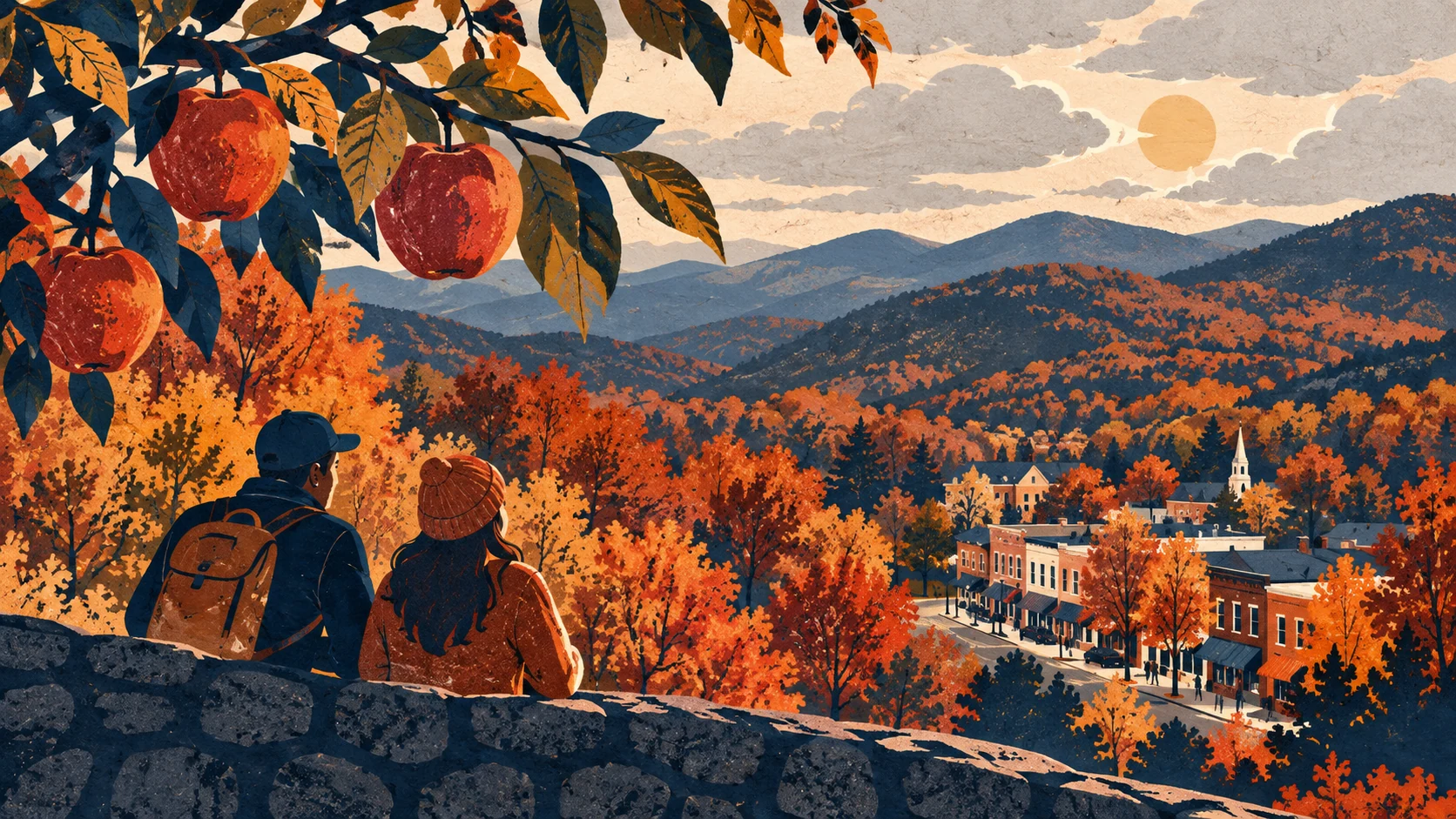 Illustration of a North Georgia fall day trip with apples, mountains, and a small town