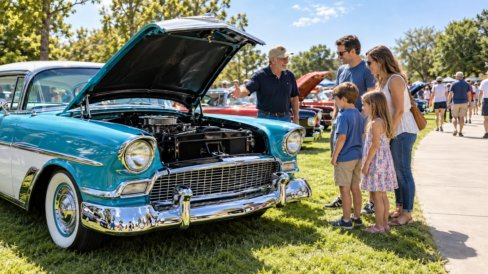 Conceptual family viewing a classic car safely with the owner nearby