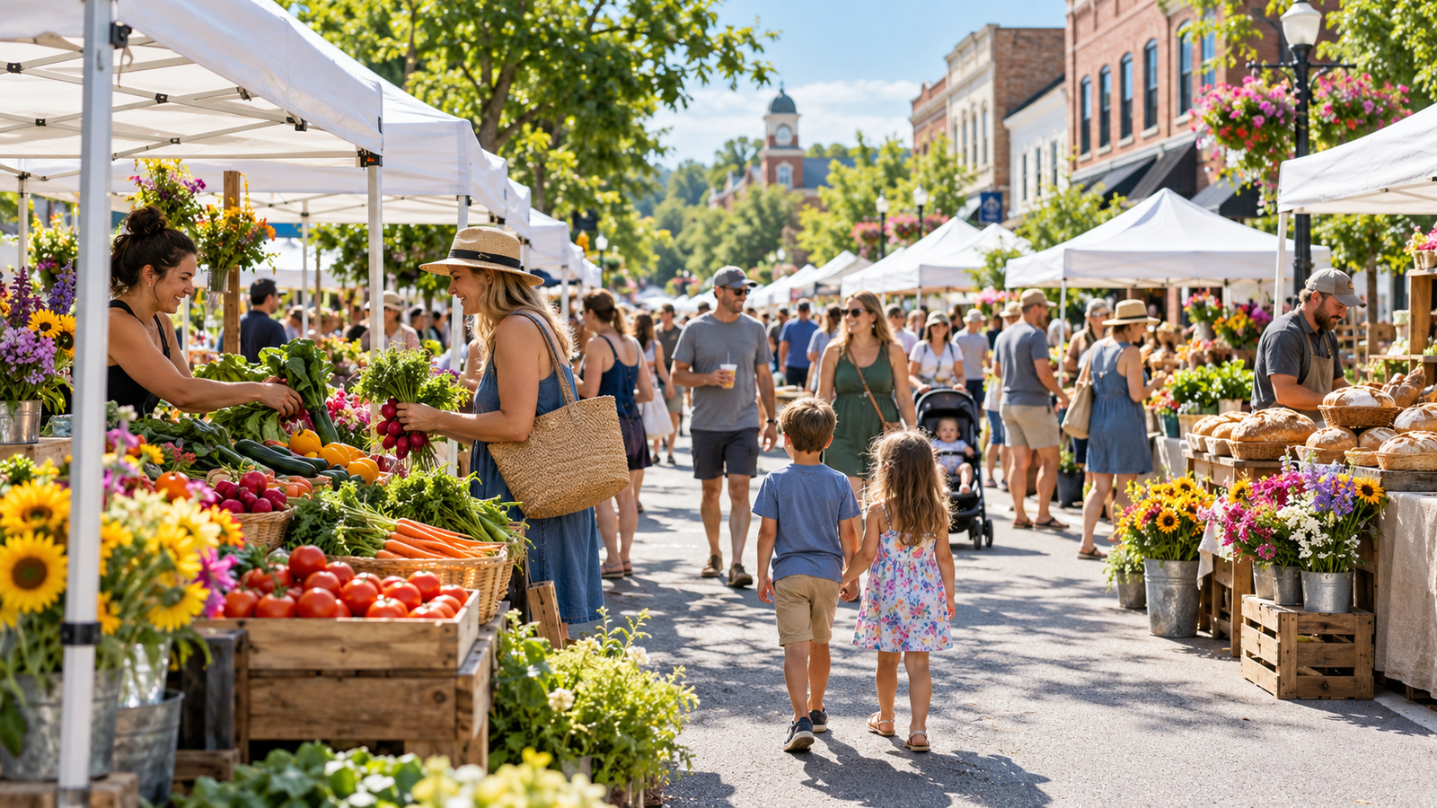 Conceptual illustration of families browsing colorful produce and flowers at a downtown farmers market
