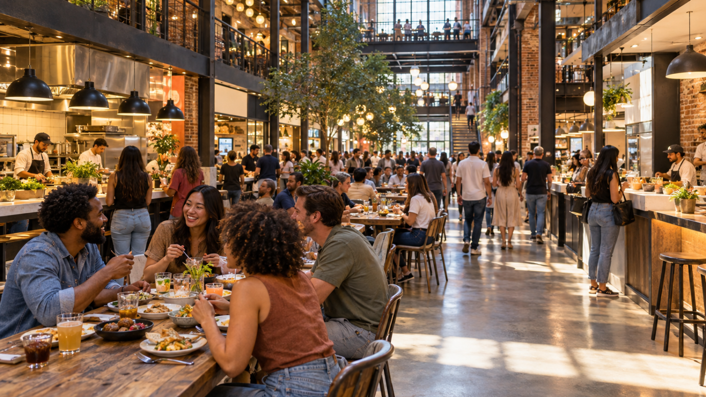 AI-generated editorial illustration of diners in a bright modern food hall.