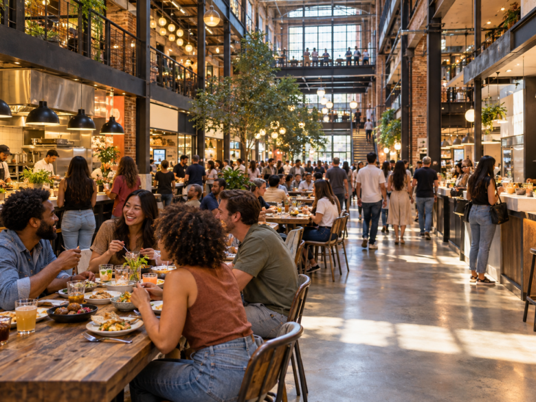 AI-generated editorial illustration of diners in a bright modern food hall.