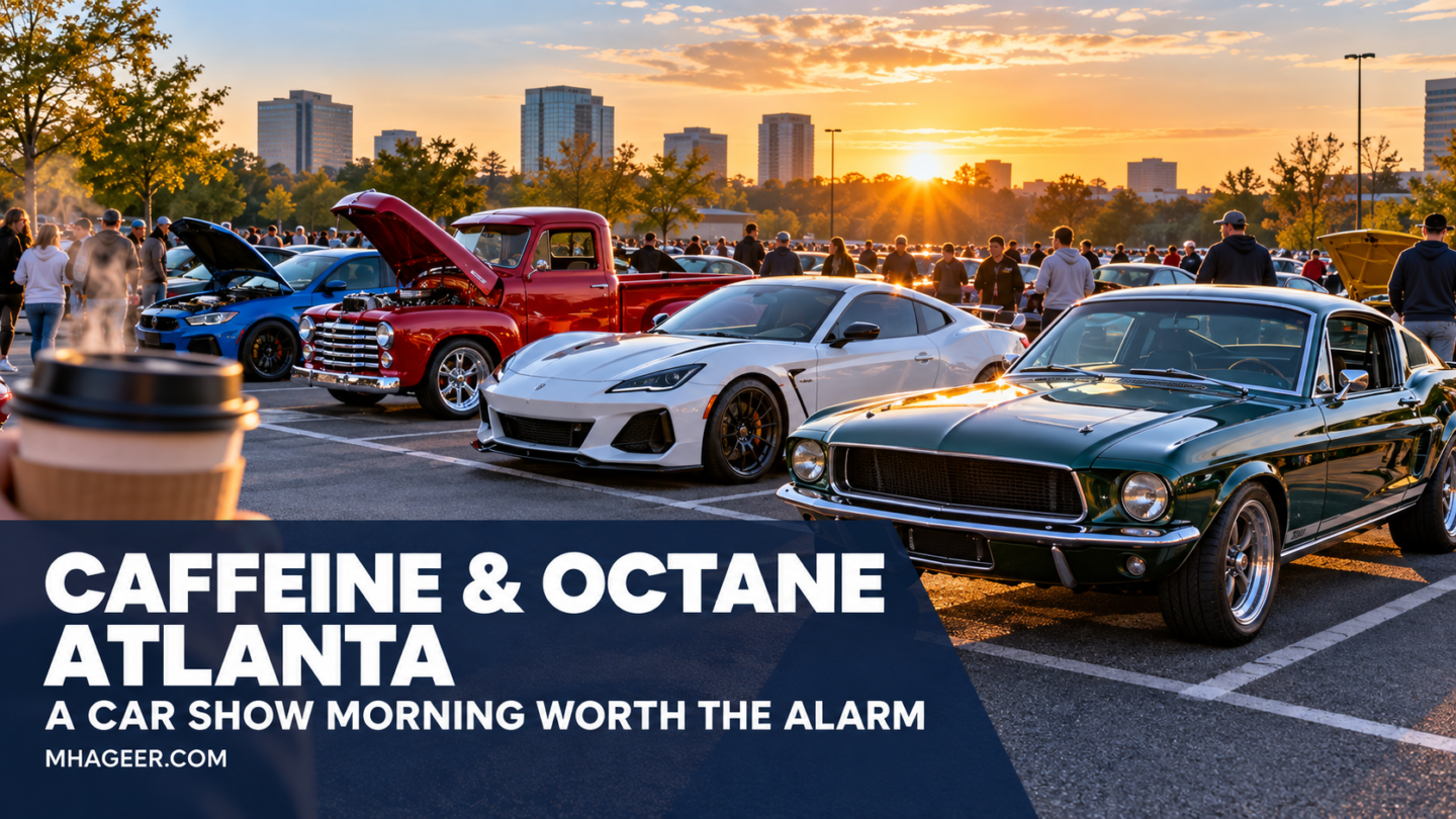 Conceptual early-morning car show scene with the headline Caffeine and Octane Atlanta A Car Show Morning Worth the Alarm
