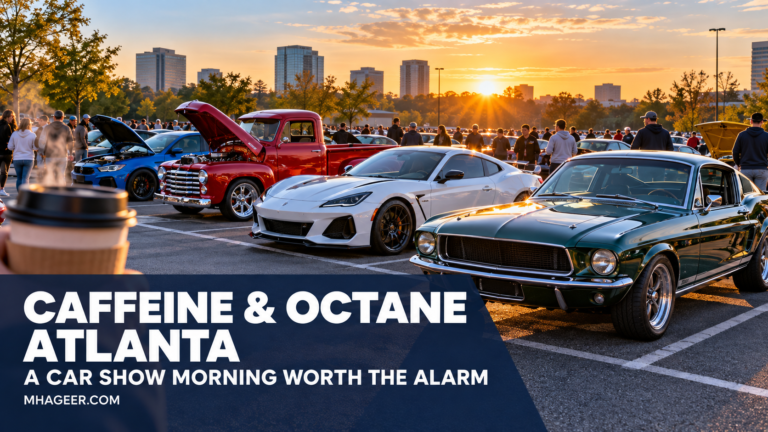 Conceptual early-morning car show scene with the headline Caffeine and Octane Atlanta A Car Show Morning Worth the Alarm