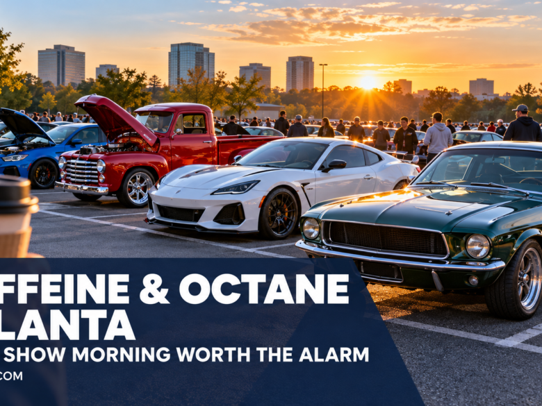 Conceptual early-morning car show scene with the headline Caffeine and Octane Atlanta A Car Show Morning Worth the Alarm