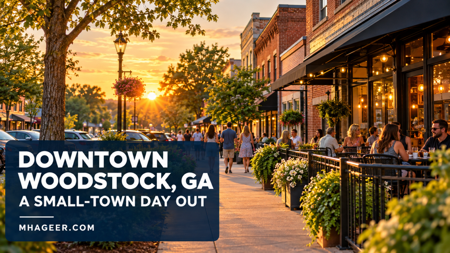 Conceptual illustration of a welcoming brick-lined downtown street at sunset with the headline Downtown Woodstock GA A Small-Town Day Out