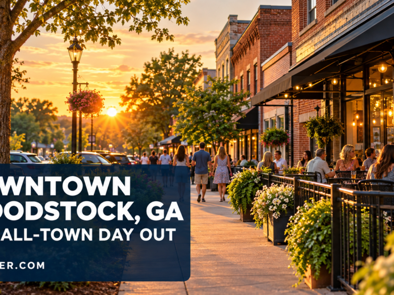 Conceptual illustration of a welcoming brick-lined downtown street at sunset with the headline Downtown Woodstock GA A Small-Town Day Out