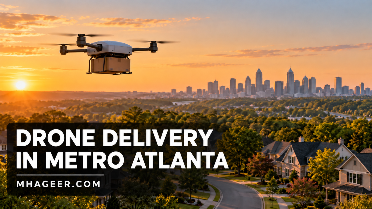 AI-generated editorial illustration of a delivery drone over a metro Atlanta-style suburb with the headline Drone Delivery in Metro Atlanta.