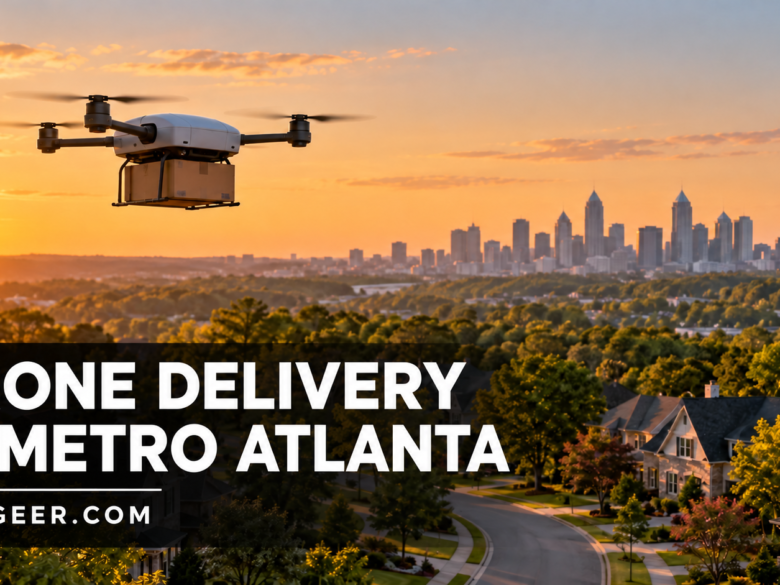 AI-generated editorial illustration of a delivery drone over a metro Atlanta-style suburb with the headline Drone Delivery in Metro Atlanta.