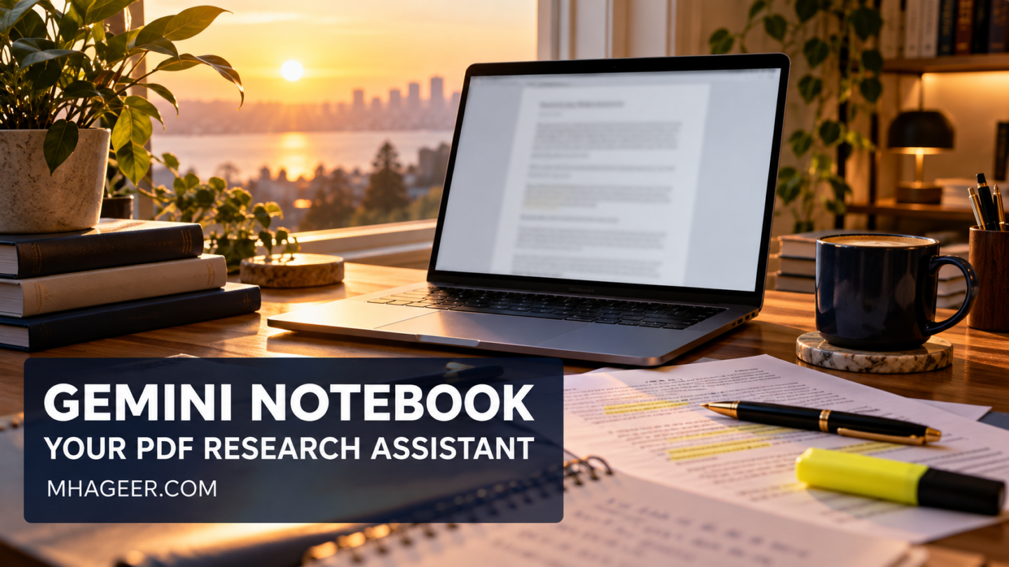 Gemini Notebook Your PDF Research Assistant cover showing a laptop, research papers, and highlighted notes on a desk
