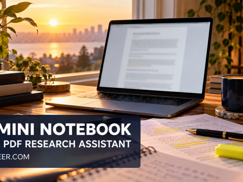 Gemini Notebook Your PDF Research Assistant cover showing a laptop, research papers, and highlighted notes on a desk