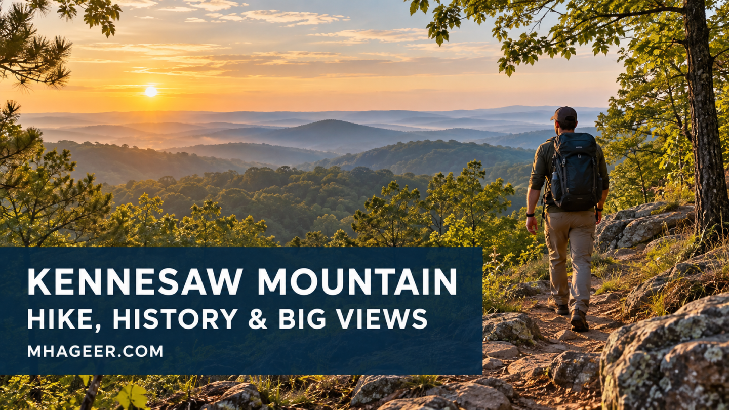 Conceptual illustration of a hiker on a wooded Georgia ridge with the headline Kennesaw Mountain Hike History and Big Views